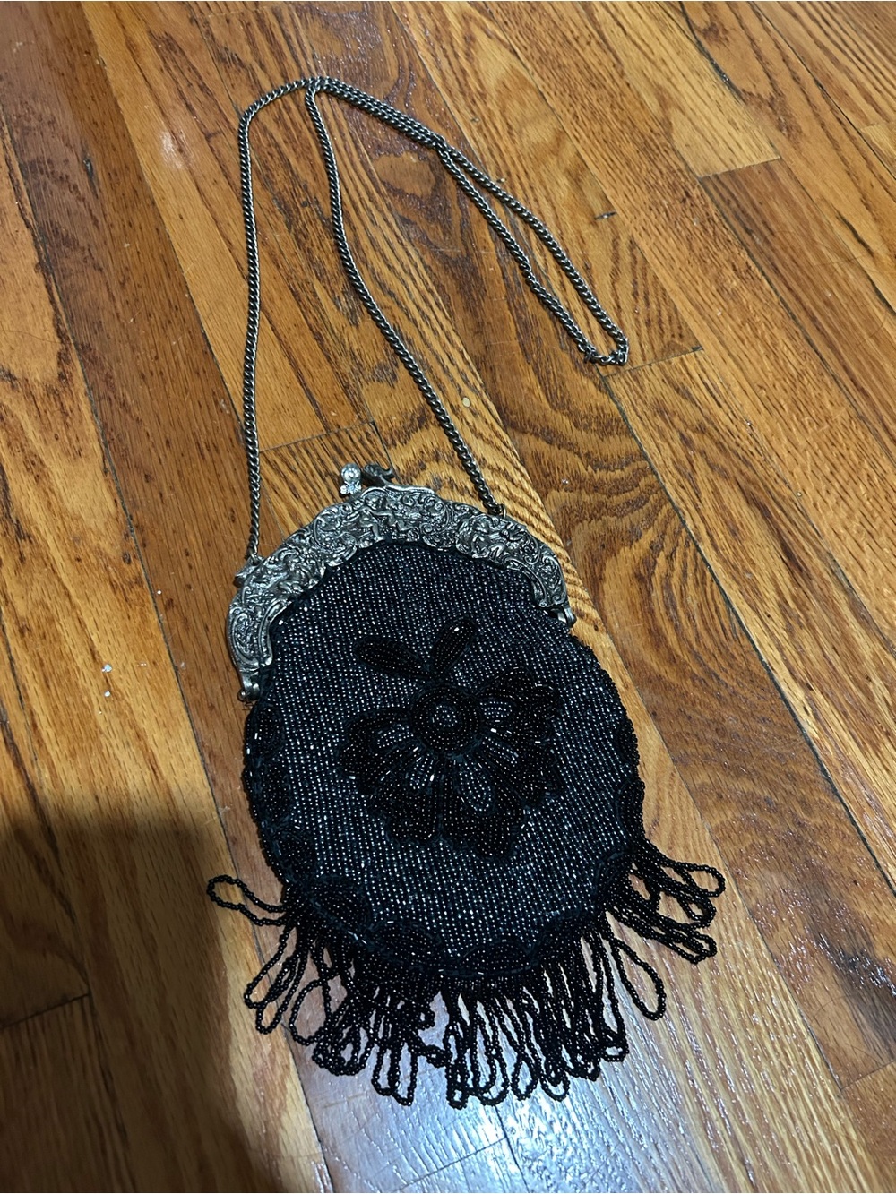 Vintage-Inspired Black Beaded Evening Bag with Floral Motif